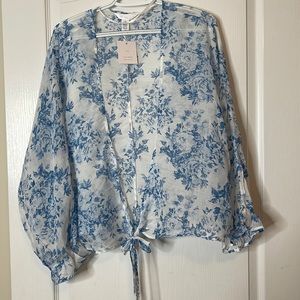 Lauren Conrad LC Sheer Tie Front Blouse One Size Blue and White.